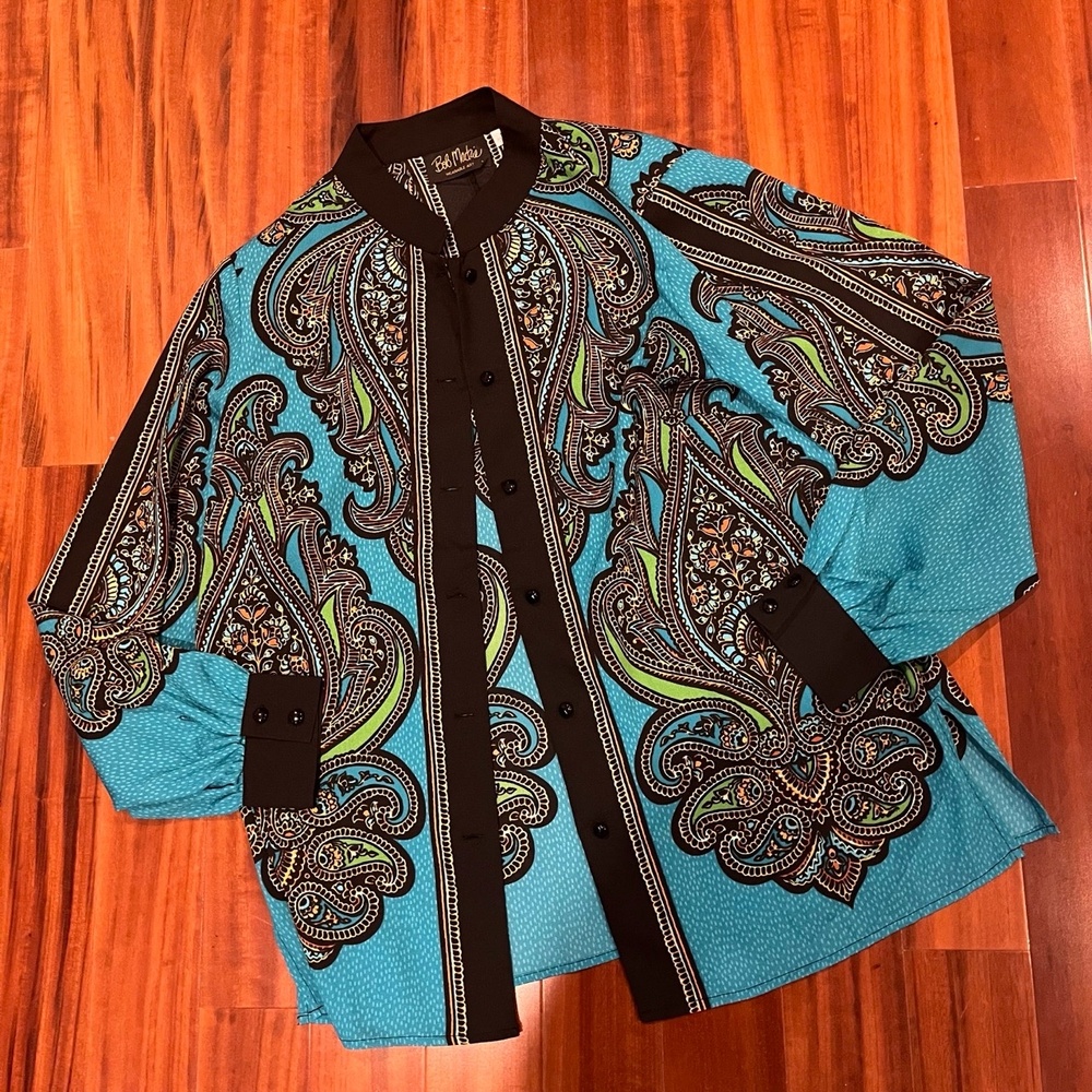 Bob Mackie Paisley Shirt Button-Up Blouse Shoulder Pads‎ Long Sleeve Size Medium